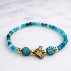 Blue Beaded Stretch Bracelet with Gold Accents